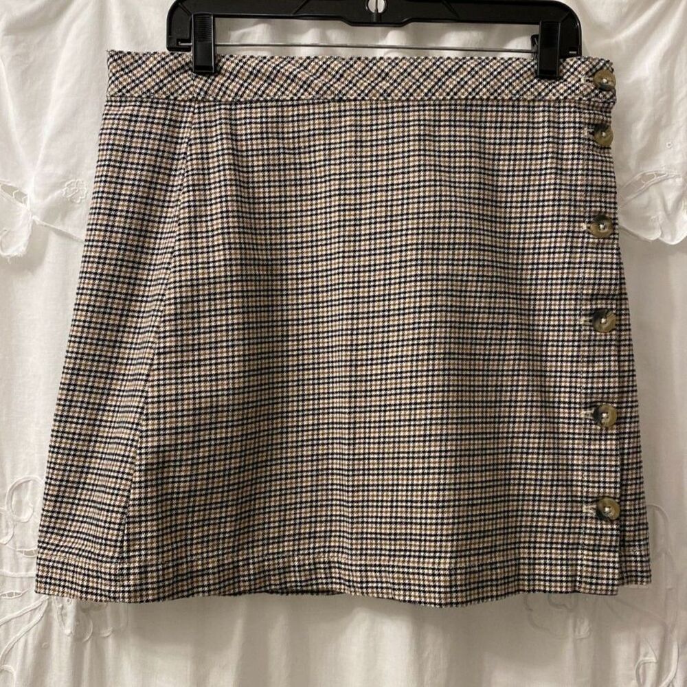 H&M Divided Side Button Plaid Cotton Hounds Tooth Skirt Size 10